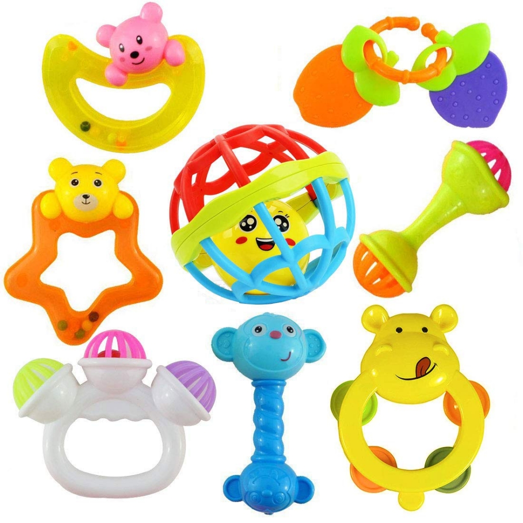 Ramakada Lovely Attractive Colorful Toddlers 7 Rattle and 1 Teether Toys Set for Babies pack of 8 Pieces 