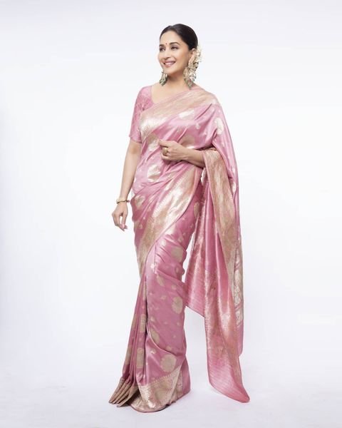 Pink Sink Saree With Heavy Earings 