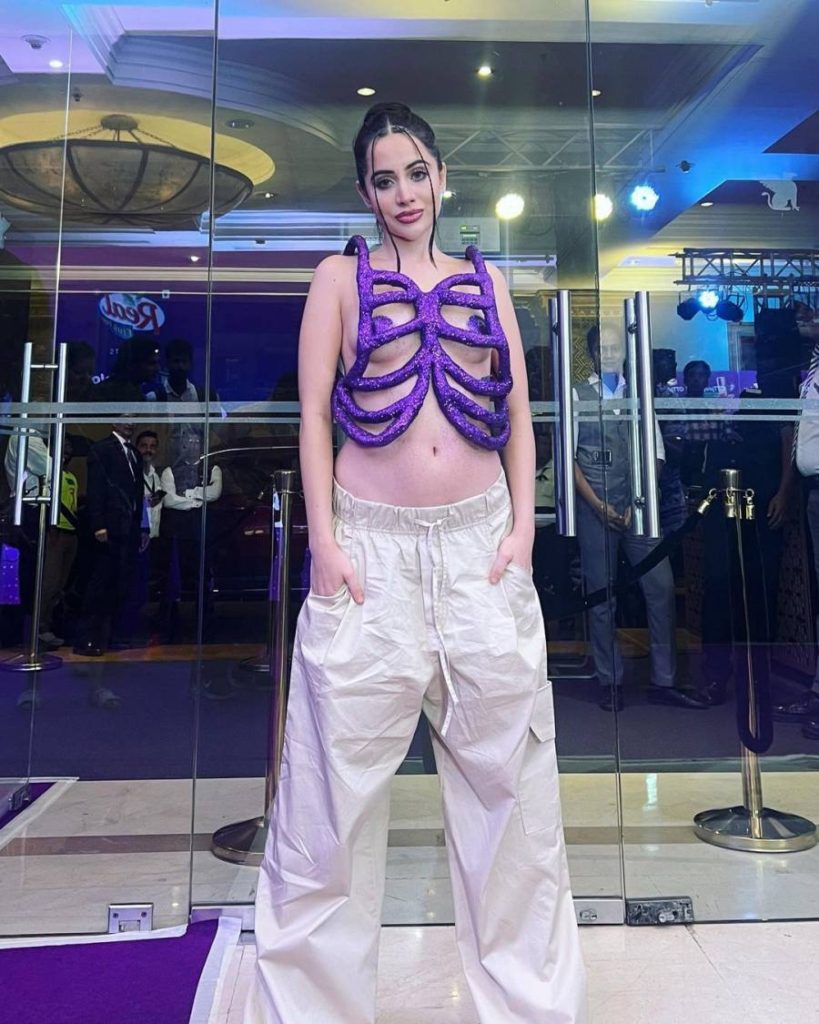 Urfi Javed new dress 2023 purple rib cage top