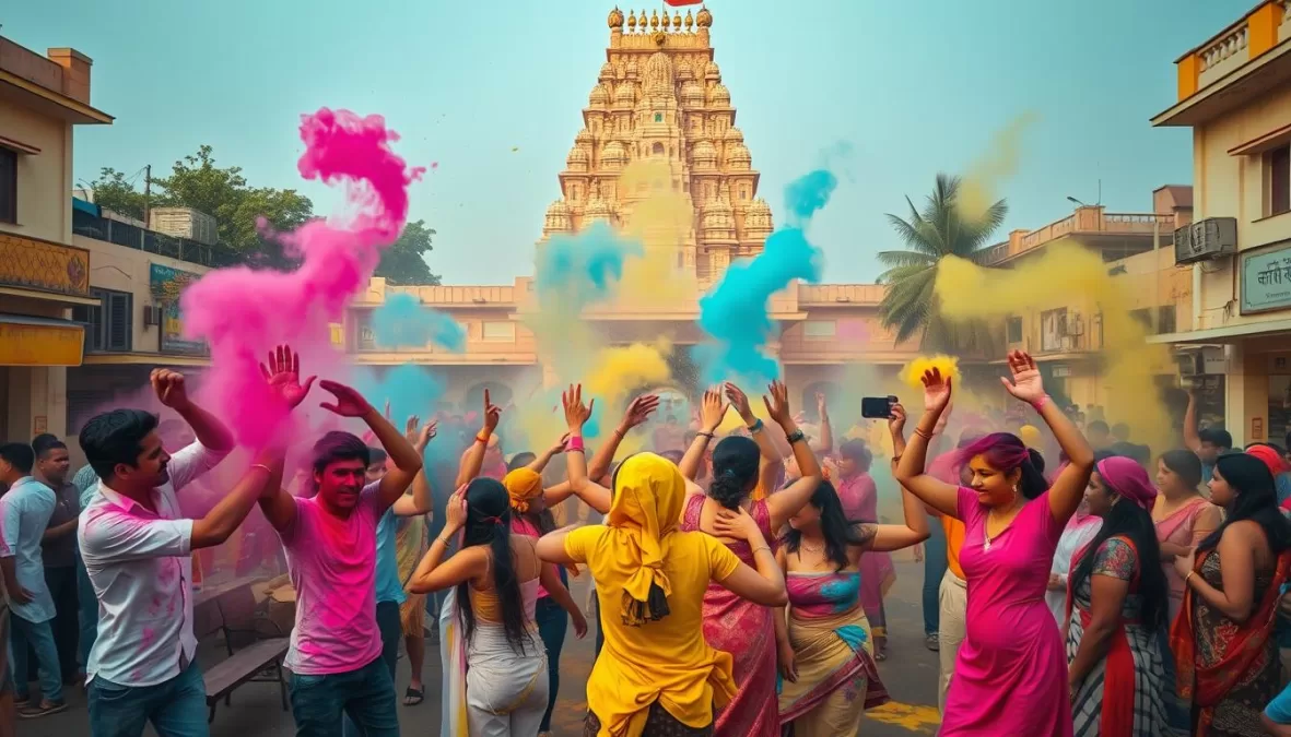 Holi celebration with vibrant visuals and dance