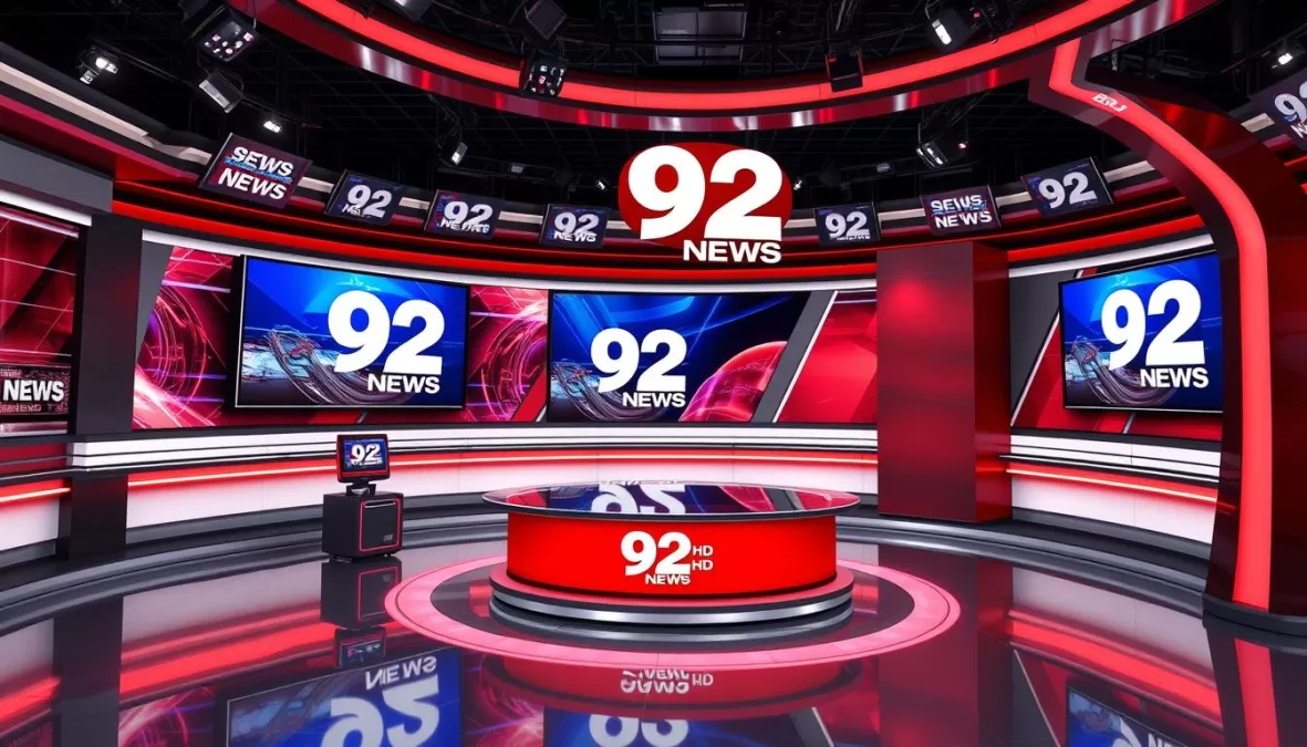 92 News HD studio with digital displays and modern broadcasting equipment 92 News HD studio with digital displays and modern broadcasting equipment