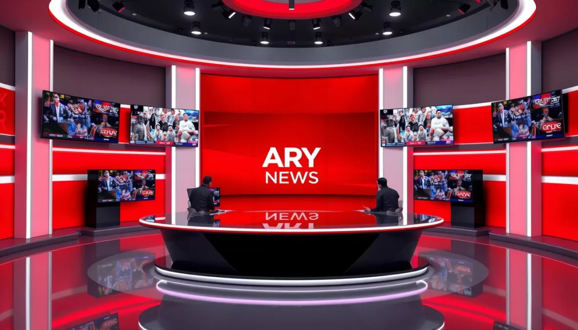 ARY News broadcast studio with modern equipment and news anchors ARY News broadcast studio with modern equipment and news anchors