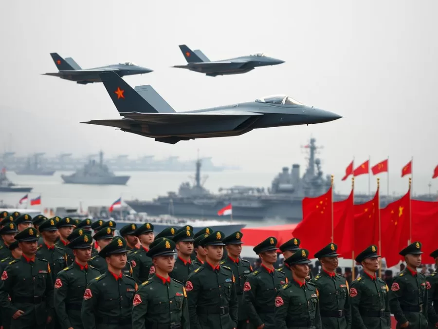 Chinese military parade showing J-20 stealth fighters and naval vessels Chinese military parade showing J-20 stealth fighters and naval vessels