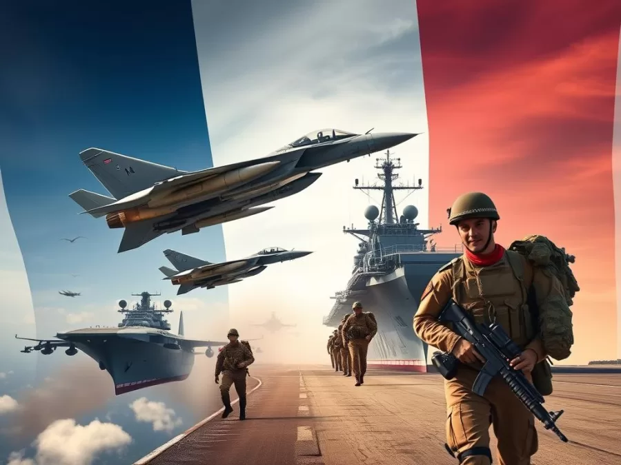 French military showing Rafale jets, Charles de Gaulle aircraft carrier, and soldiers French military showing Rafale jets, Charles de Gaulle aircraft carrier, and soldiers
