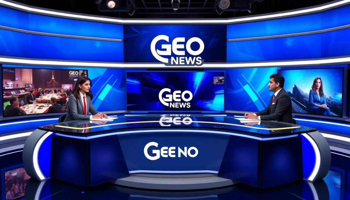 Geo News studio with anchors broadcasting live news in Pakistan Geo News studio with anchors broadcasting live news in Pakistan