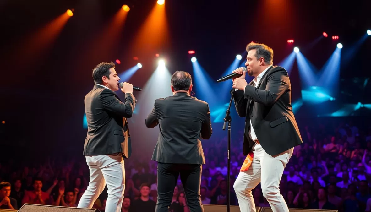 Hugo e Guilherme com Wesley Safadão no palco cantando Mentirosa Hugo e Guilherme com Wesley Safadão no palco cantando Mentirosa