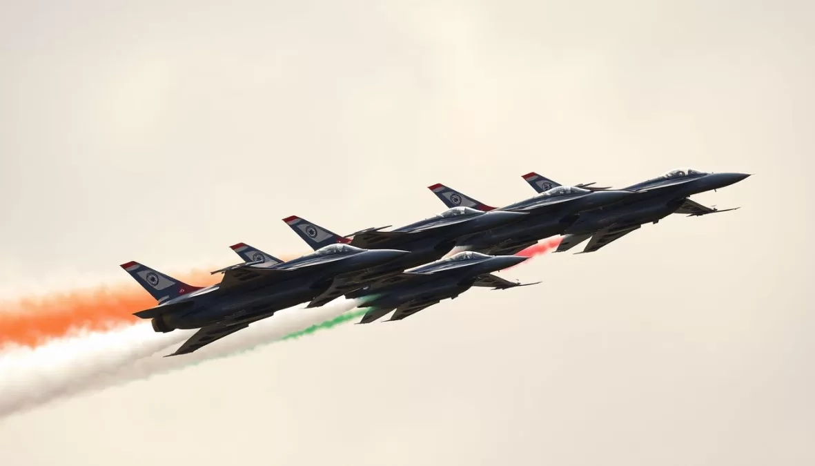 Indian Air Force fighter jets flying in formation during a ceremonial flypast