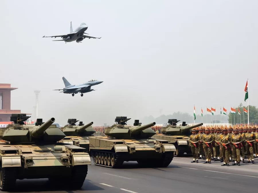 Indian military parade showing tanks, Rafale jets, and soldiers Indian military parade showing tanks, Rafale jets, and soldiers