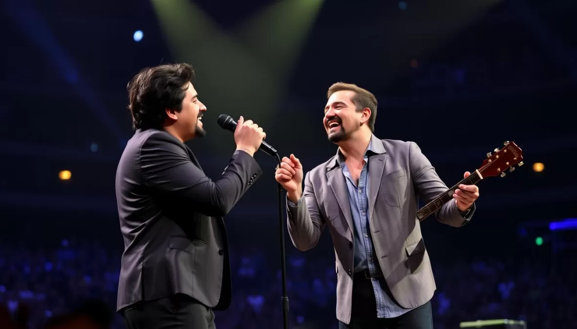 Léo Magalhães e Wesley Safadão cantando juntos no palco Léo Magalhães e Wesley Safadão cantando juntos no palco