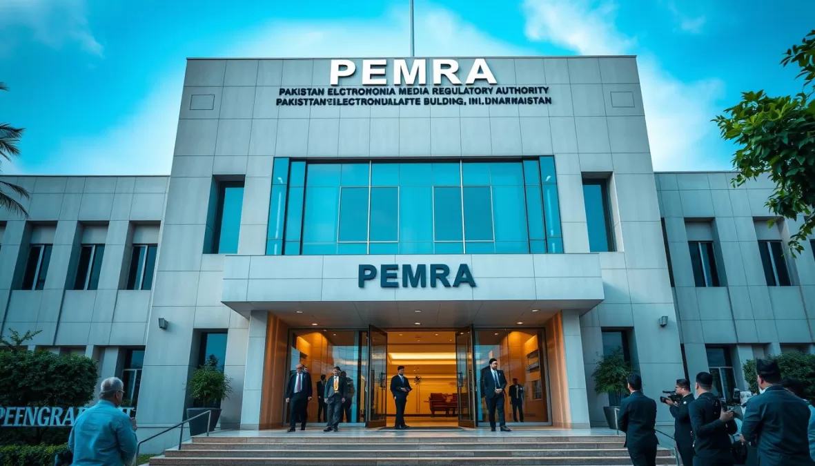 PEMRA headquarters building in Islamabad with officials entering PEMRA headquarters building in Islamabad with officials entering