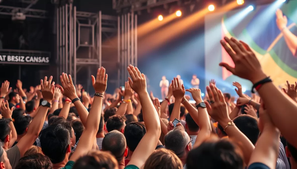 Pessoas curtindo as top 10 músicas mais tocadas no Brasil atualmente em festival Pessoas curtindo as top 10 músicas mais tocadas no Brasil atualmente em festival