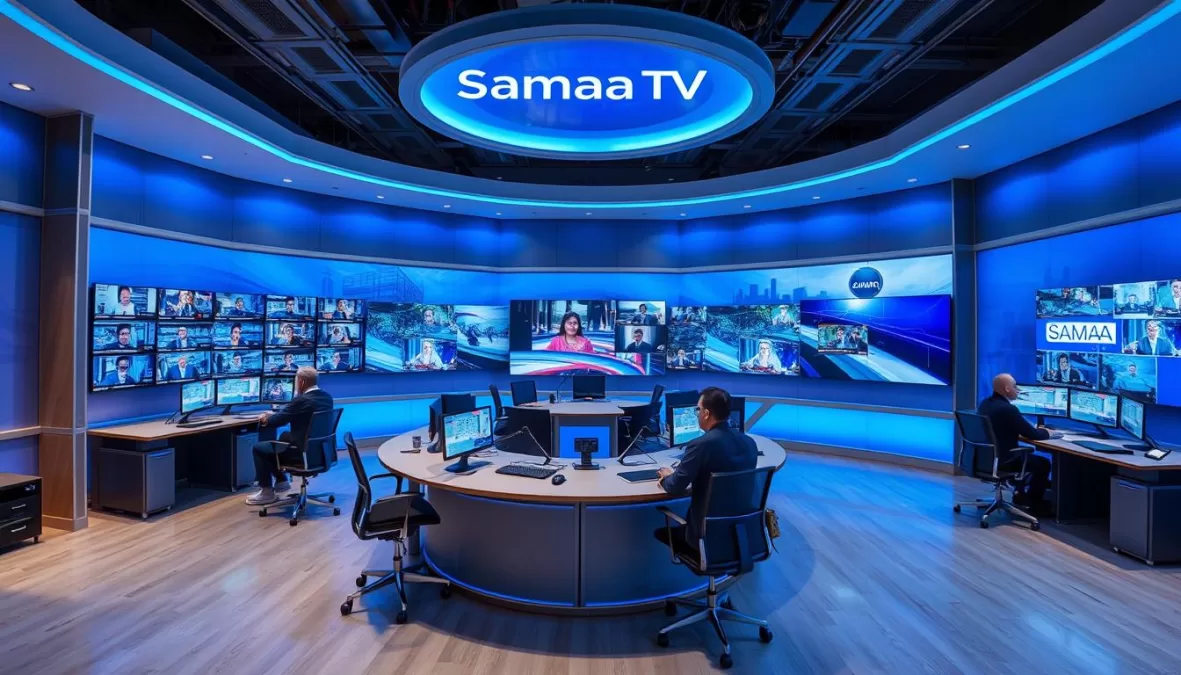 Samaa TV modern newsroom with journalists working at digital workstations Samaa TV modern newsroom with journalists working at digital workstations