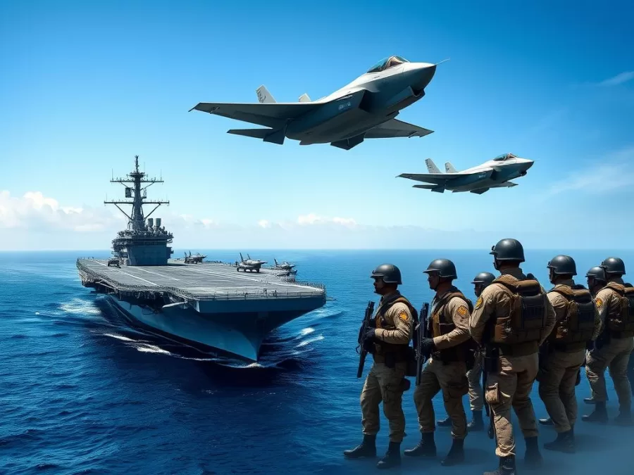 United States military showing aircraft carrier, F-35 jets, and soldiers United States military showing aircraft carrier, F-35 jets, and soldiers