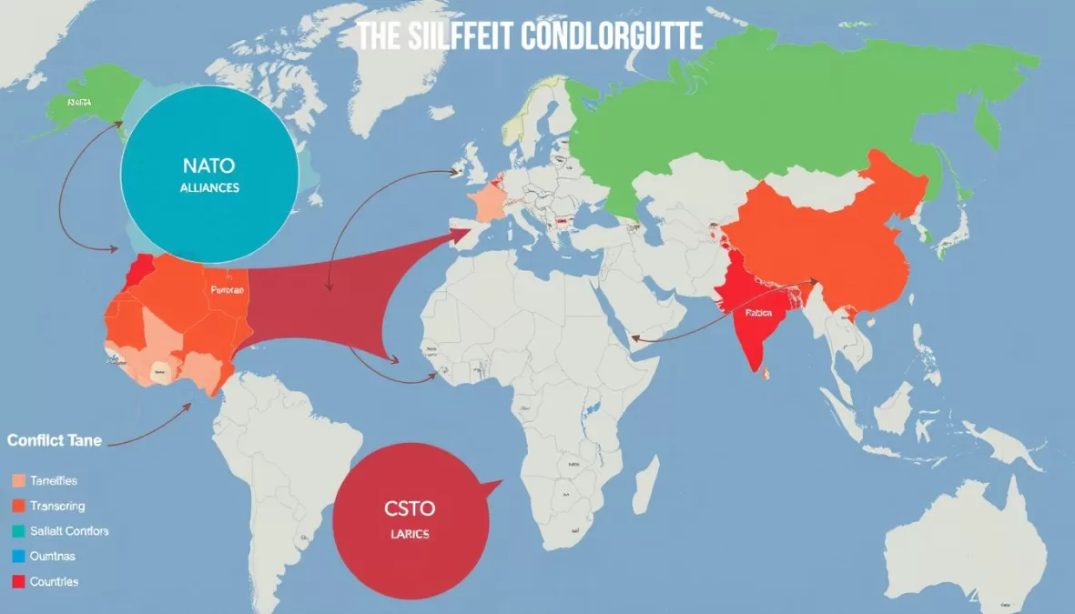 World map highlighting global military alliances and conflict zones World map highlighting global military alliances and conflict zones