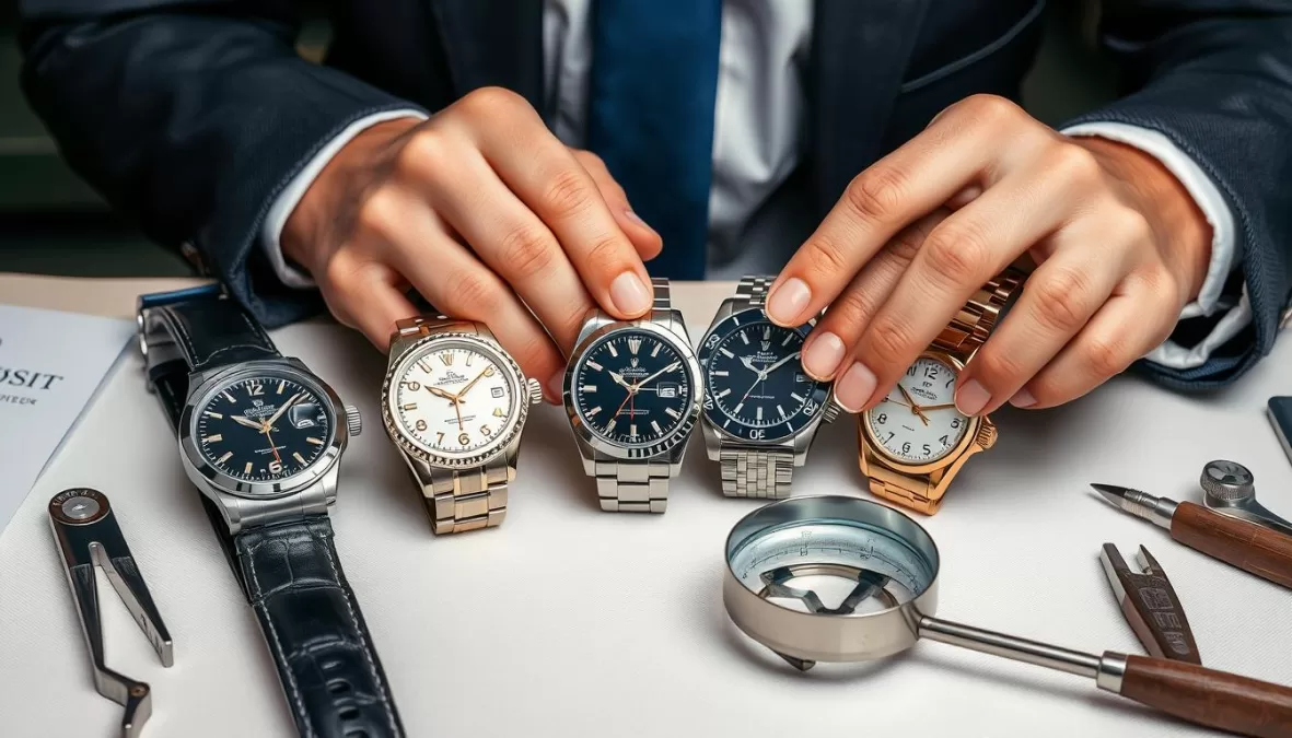 A watch collector examining different luxury timepieces from top 10 watch brands in the world
