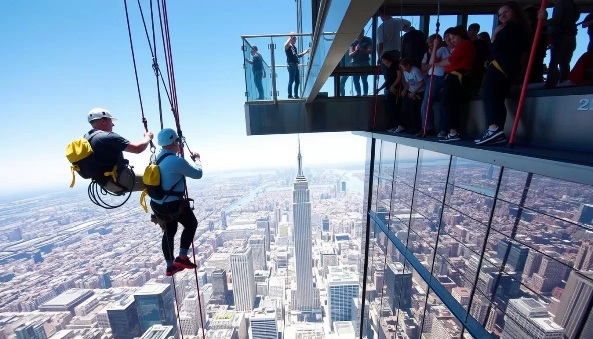 Adventurous visitors doing the City Climb experience at Hudson Yards, scaling the outside of the skyscraper in 2025