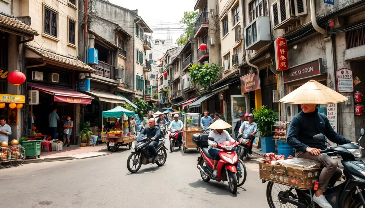 Busy street scene in Hanoi's Old Quarter with traditional architecture, one of the top 10 places to visit in Vietnam