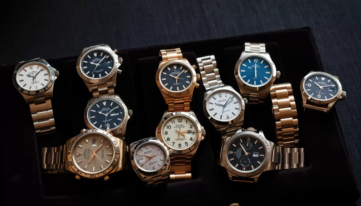 Collection of luxury watches from top 10 watch brands in the world displayed on a dark background