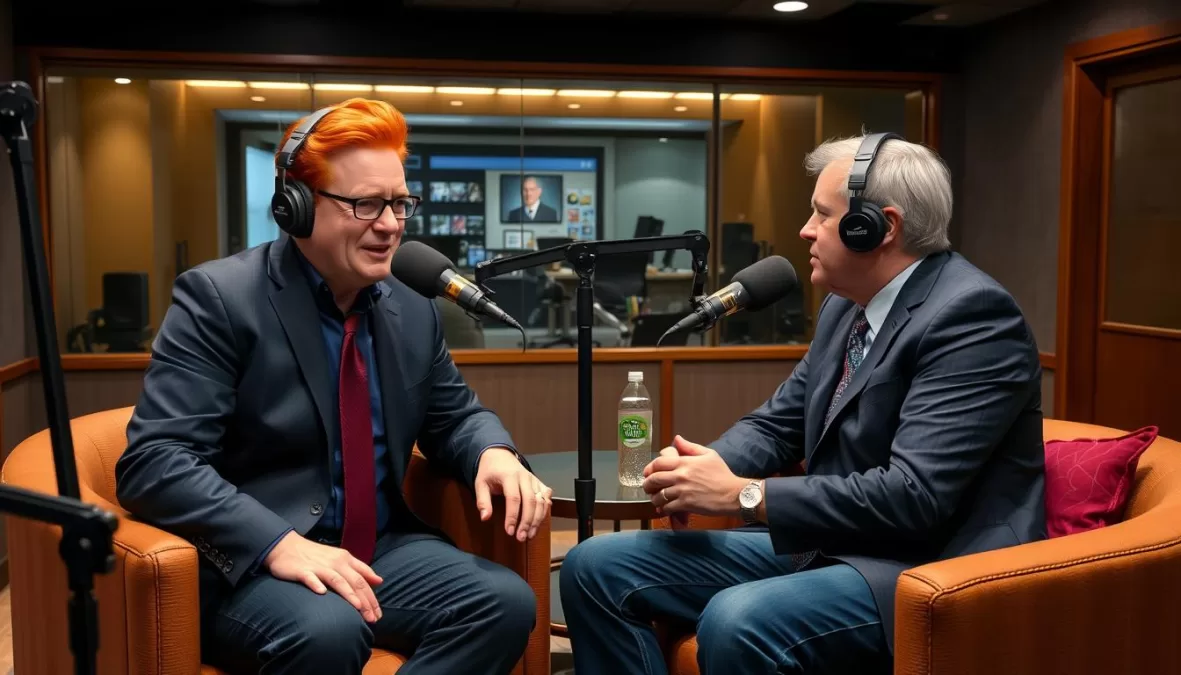 Conan O'Brien recording his podcast with a celebrity guest in a studio setting