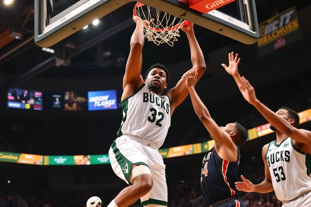 Giannis Antetokounmpo dunking powerfully for the Milwaukee Bucks in the 2024-25 season