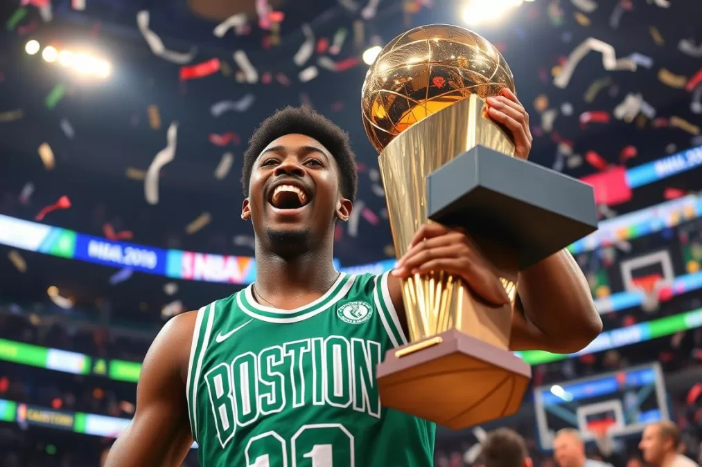 Jaylen Brown celebrating with the NBA championship trophy in his Boston Celtics uniform