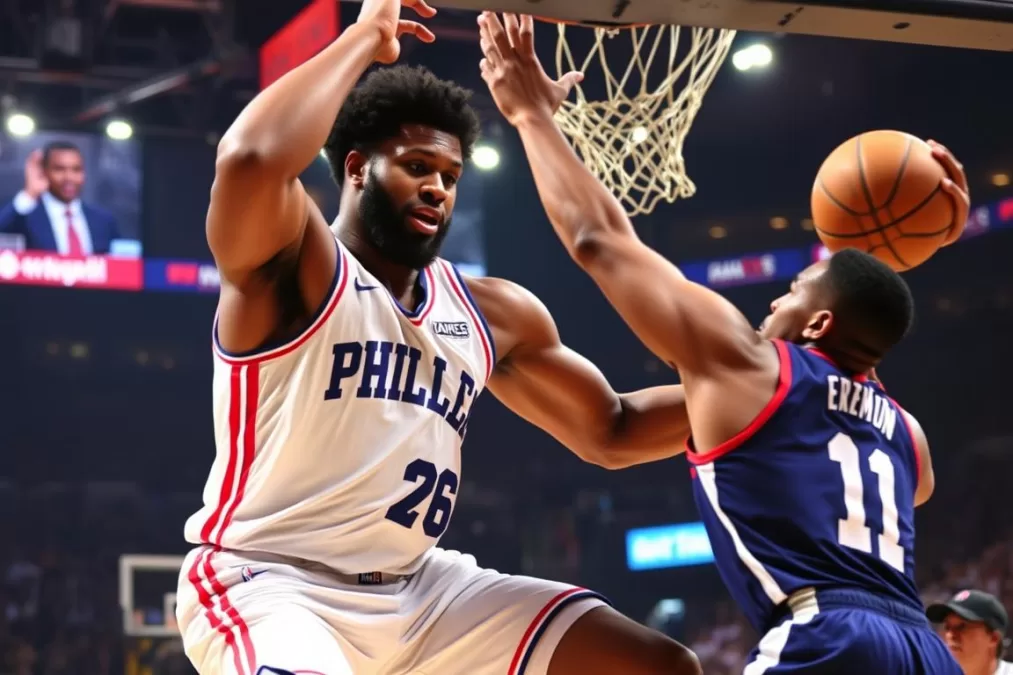 Joel Embiid dominating in the post for the Philadelphia 76ers during the 2024-25 season
