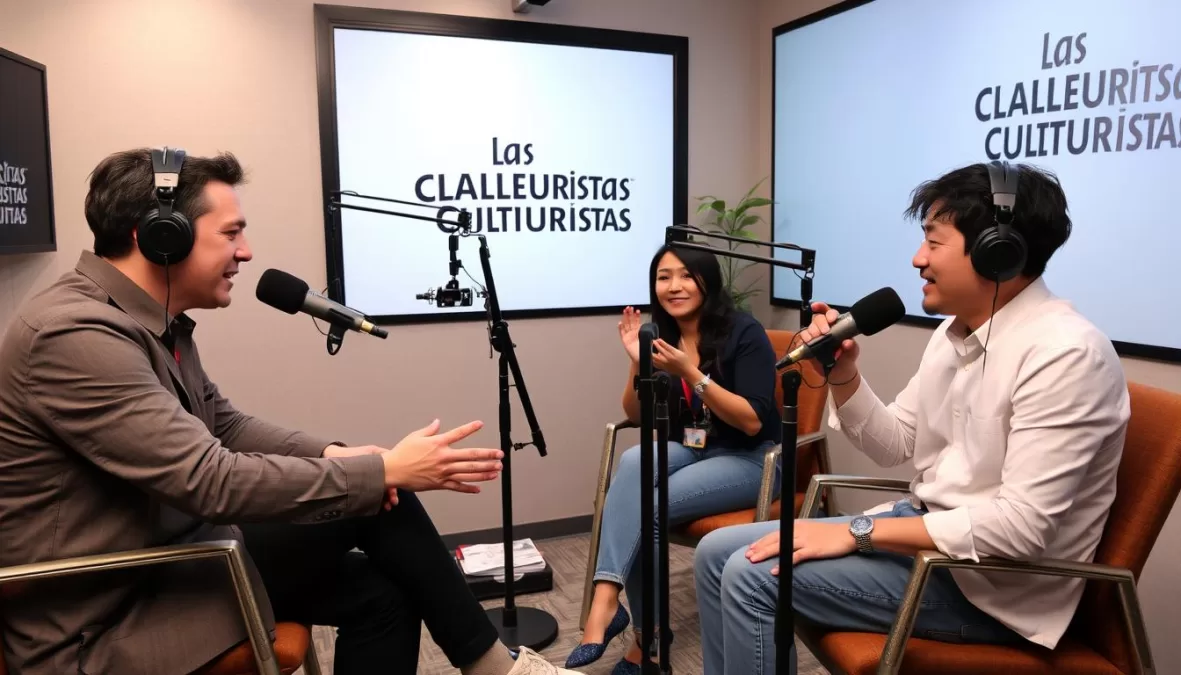 Las Culturistas hosts Matt Rogers and Bowen Yang recording with a celebrity guest