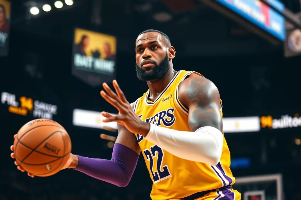 LeBron James in Los Angeles Lakers uniform making a pass during the 2024-25 NBA season