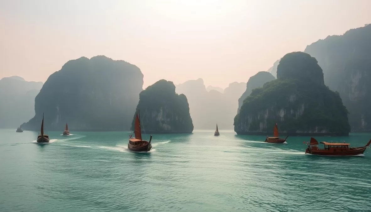 Limestone karsts rising from emerald waters in Halong Bay, one of the top 10 places to visit in Vietnam