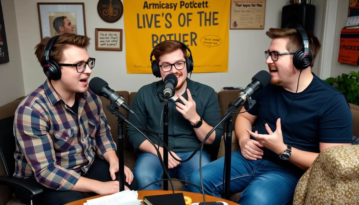 McElroy brothers recording their advice podcast with visual gags and props