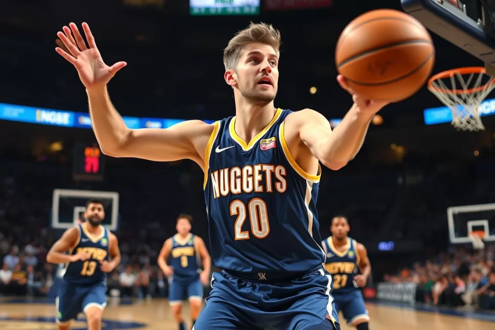 Nikola Jokić making a no-look pass for the Denver Nuggets during the 2024-25 NBA season