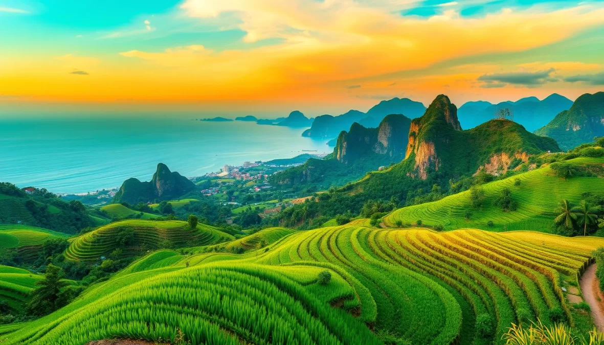 Panoramic view of Vietnam's diverse landscape showing mountains, rice terraces and coastal areas - top 10 places to visit in Vietnam