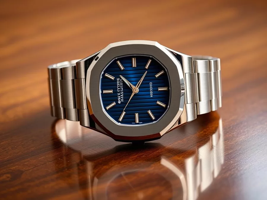 Patek Philippe Nautilus luxury sports watch with blue dial displayed on a wooden surface