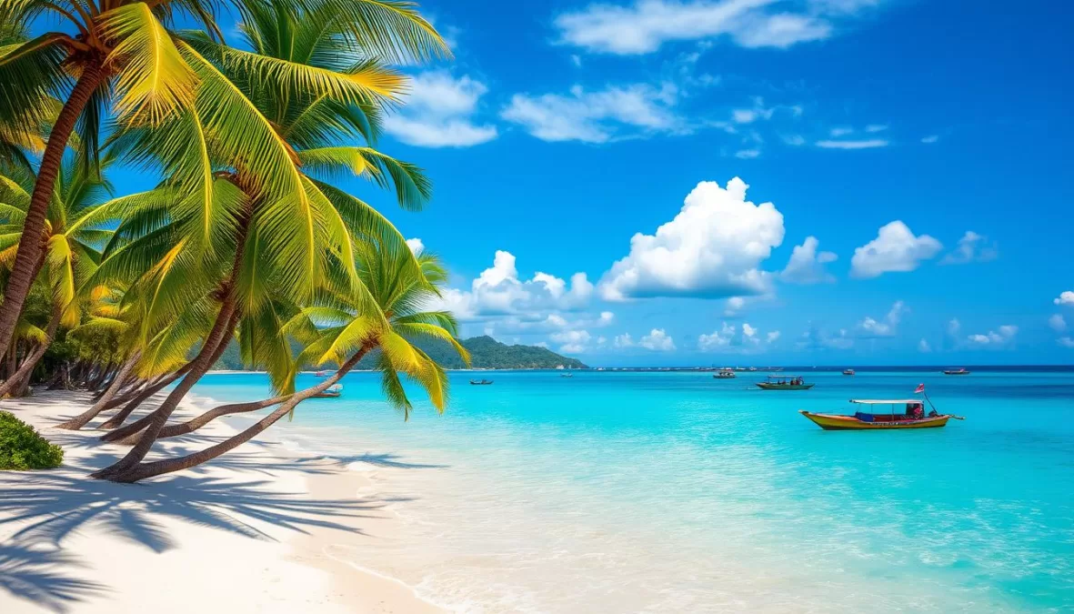 Pristine white sand beach with palm trees on Phu Quoc Island, a top 10 place to visit in Vietnam