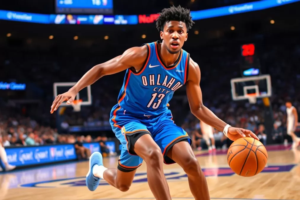 Shai Gilgeous-Alexander driving to the basket for Oklahoma City Thunder in the 2024-25 season