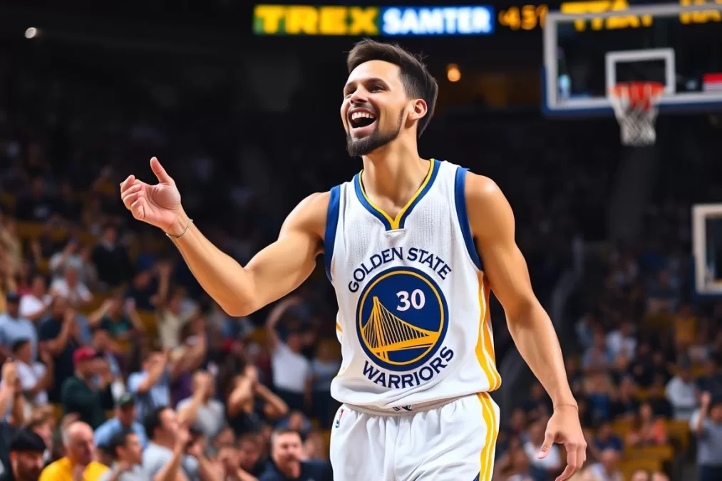 Stephen Curry celebrating after making a three-pointer for the Golden State Warriors