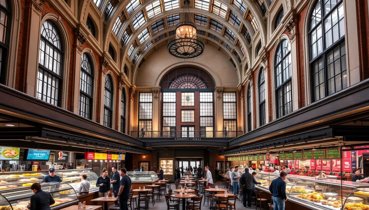 The interior of Shaver Hall food hall with its diverse dining options and bustling atmosphere in 2025