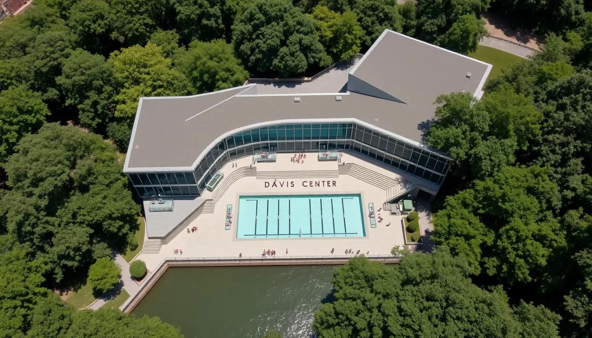The new Davis Center at Harlem Meer in Central Park with people enjoying recreational activities in 2025