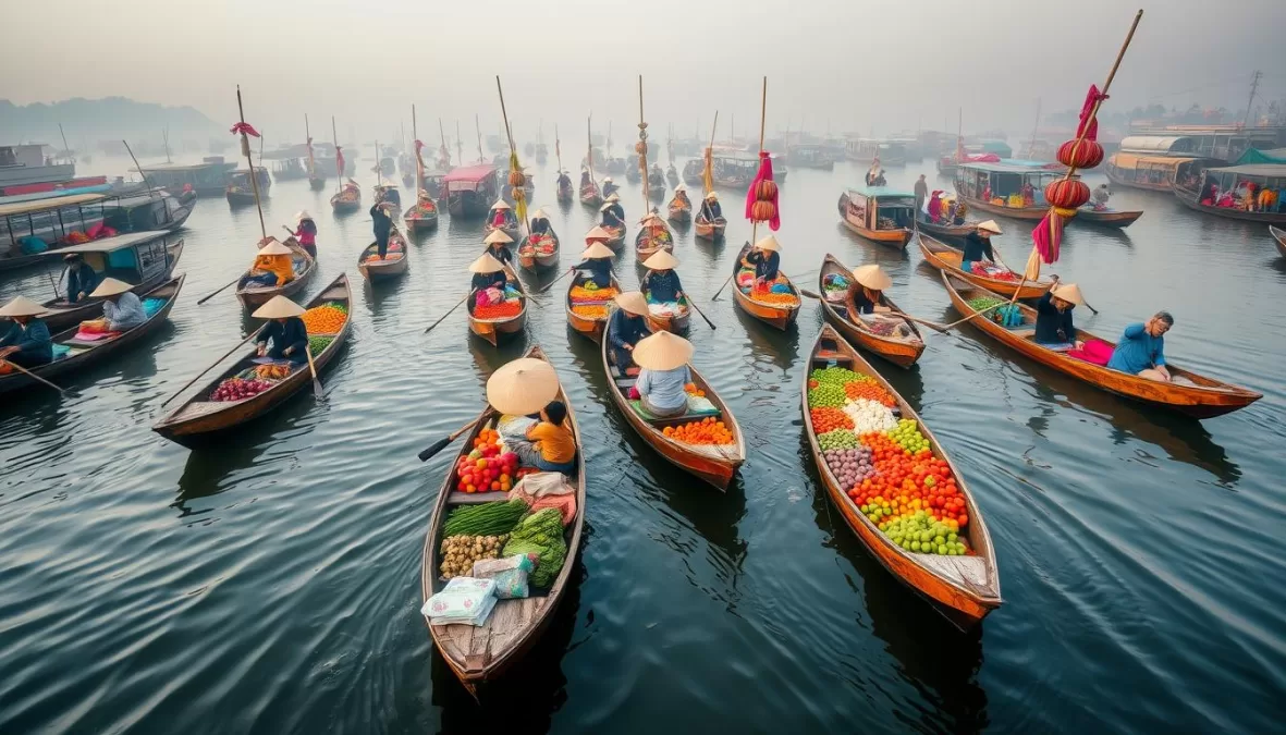 Traditional boats navigating through a floating market in the Mekong Delta, among the top 10 places to visit in Vietnam