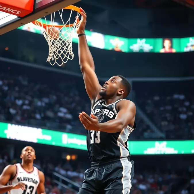 Victor Wembanyama blocking a shot in San Antonio Spurs uniform