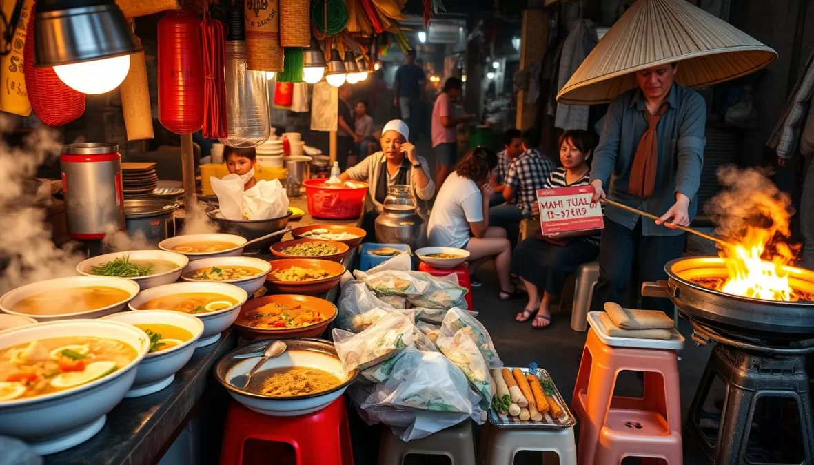 Vietnamese street food scene with local dishes, an essential experience when visiting the top 10 places in Vietnam