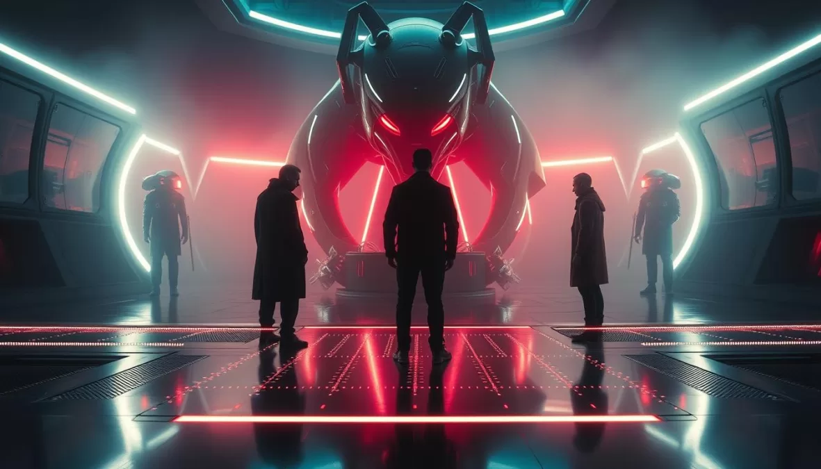 A scene from Black Mirror Season 7 showing futuristic technology with dark implications