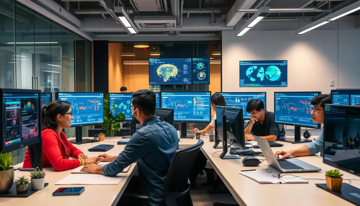 AI professionals working in a modern tech company in Mumbai