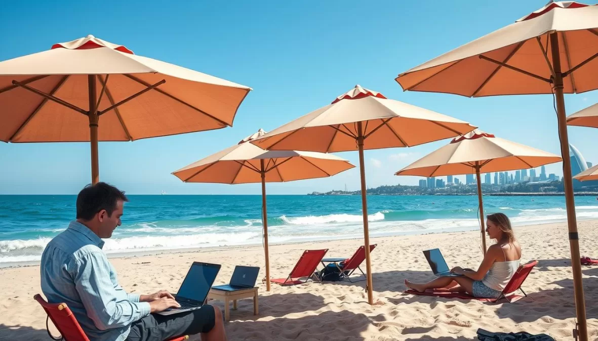Australian beach with people working remotely on laptops showing outdoor lifestyle balance