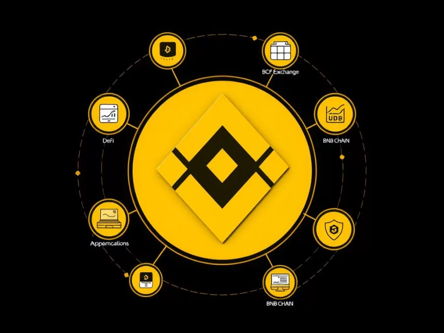 BNB logo with Binance ecosystem visualization showing BNB as best crypto to buy now 2025