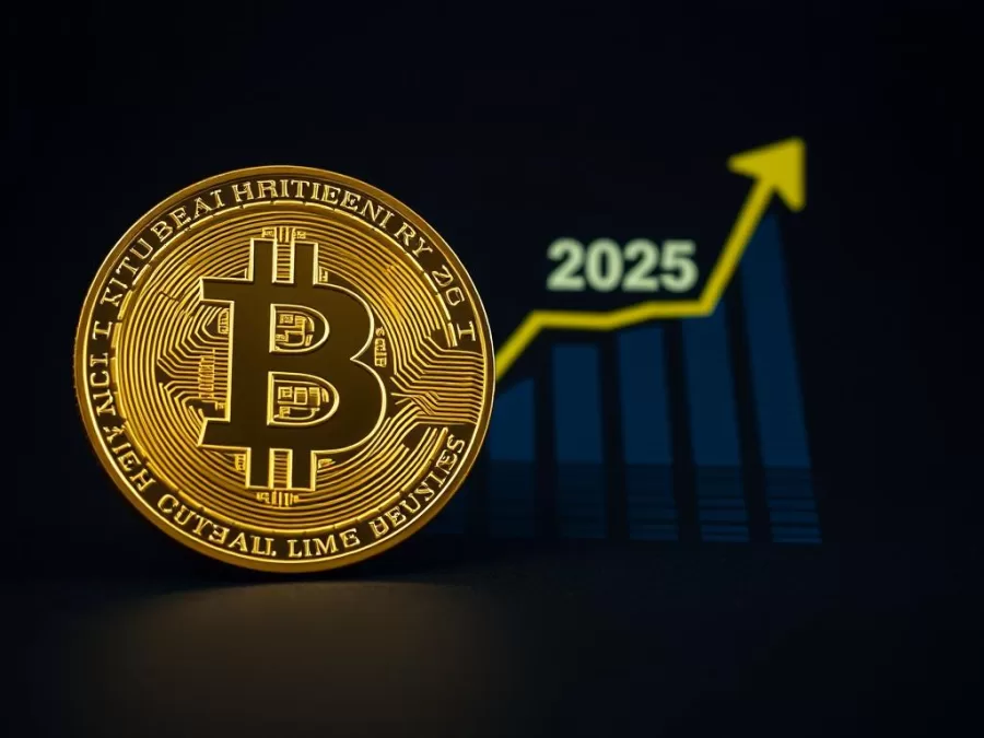 Bitcoin physical coin with growth chart showing Bitcoin as best crypto to buy now 2025