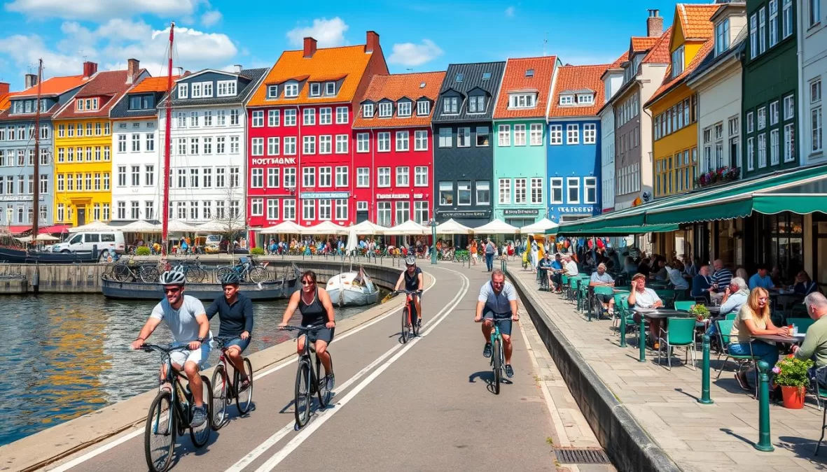Copenhagen waterfront with cyclists showing Danish work-life balance and sustainable living