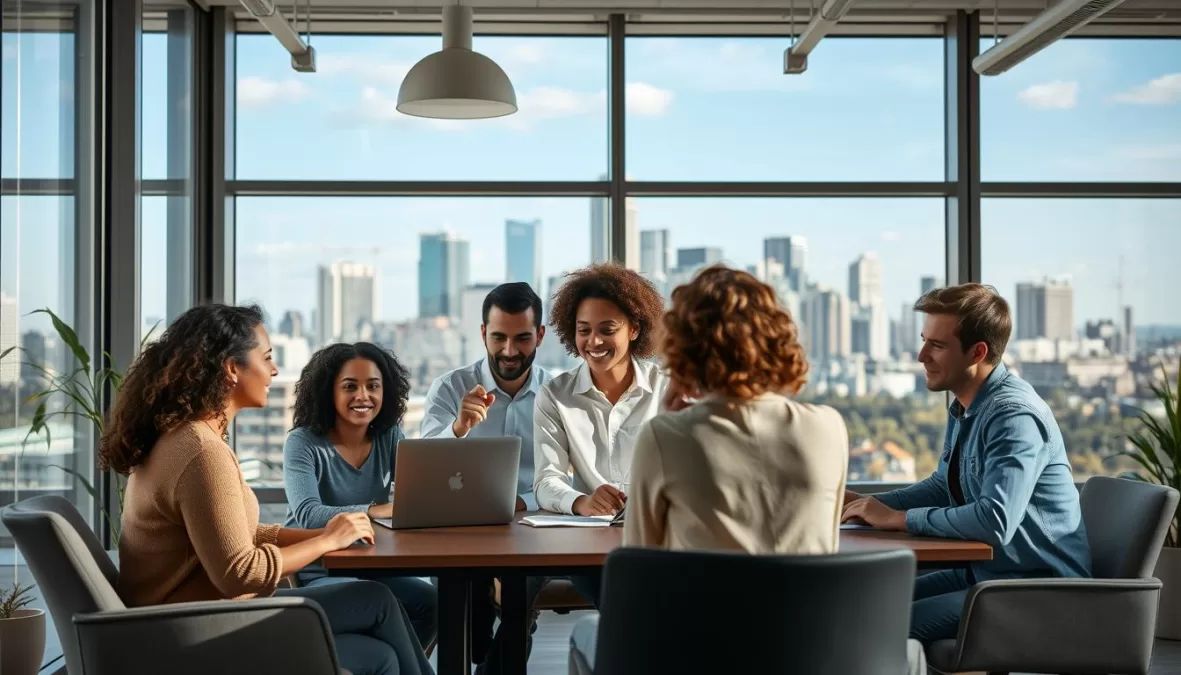 Diverse Canadian workplace showing multicultural team collaboration in modern office