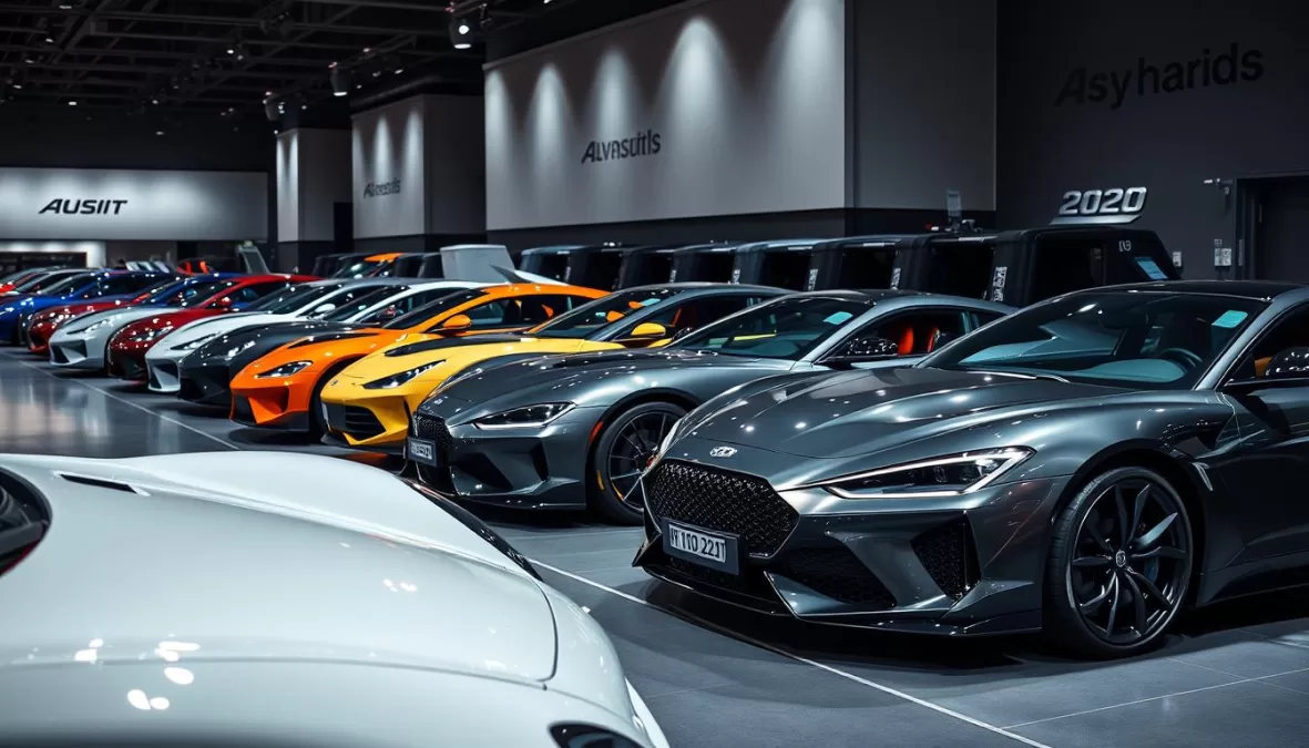 Luxury and performance cars lined up at an auto show, showcasing the best cars in the world