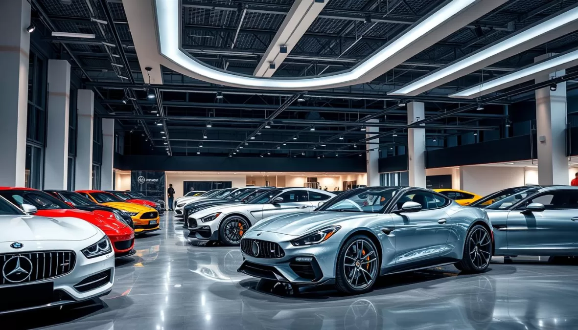 Luxury car showroom displaying multiple premium vehicles, showcasing the best cars in the world